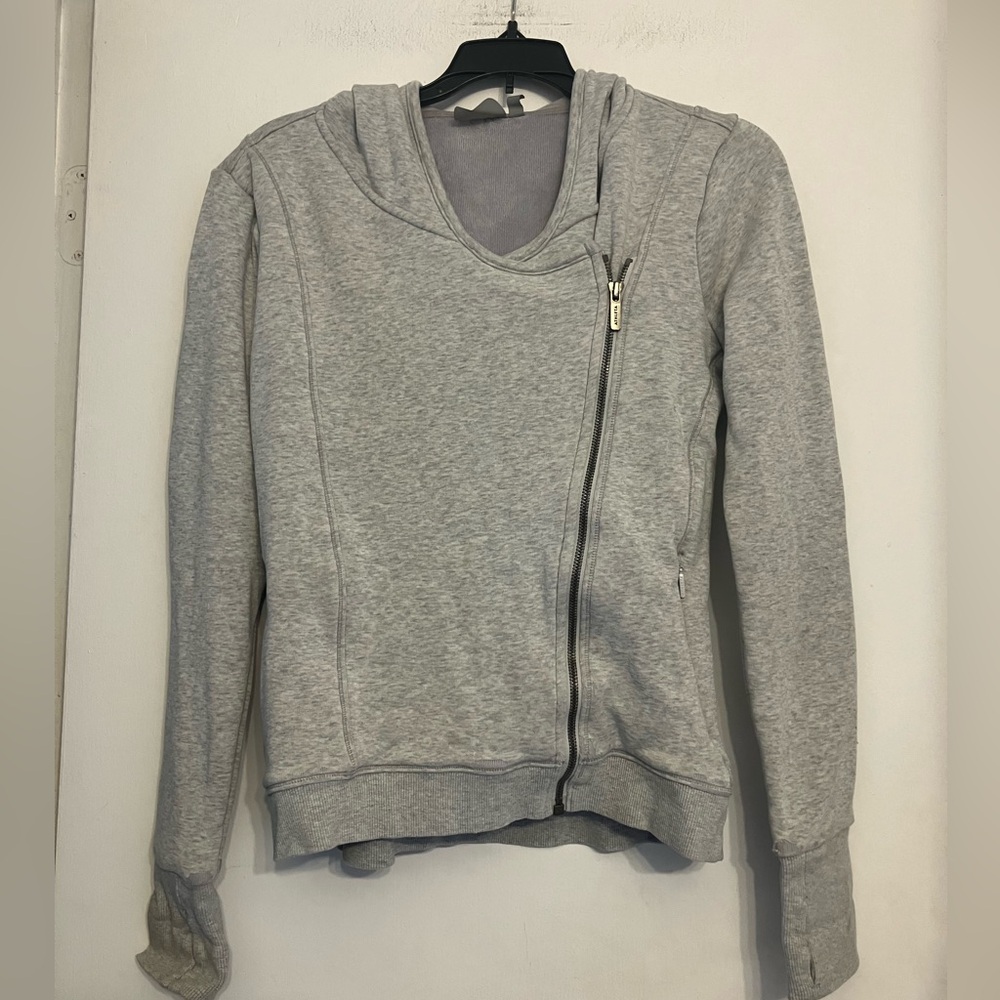 Athleta Cozy Karma Side Zip moto style sweatshirt velor inside light gray XS